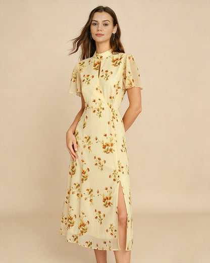 Vestido Midi Floral con Manga Mariposa Amarillo