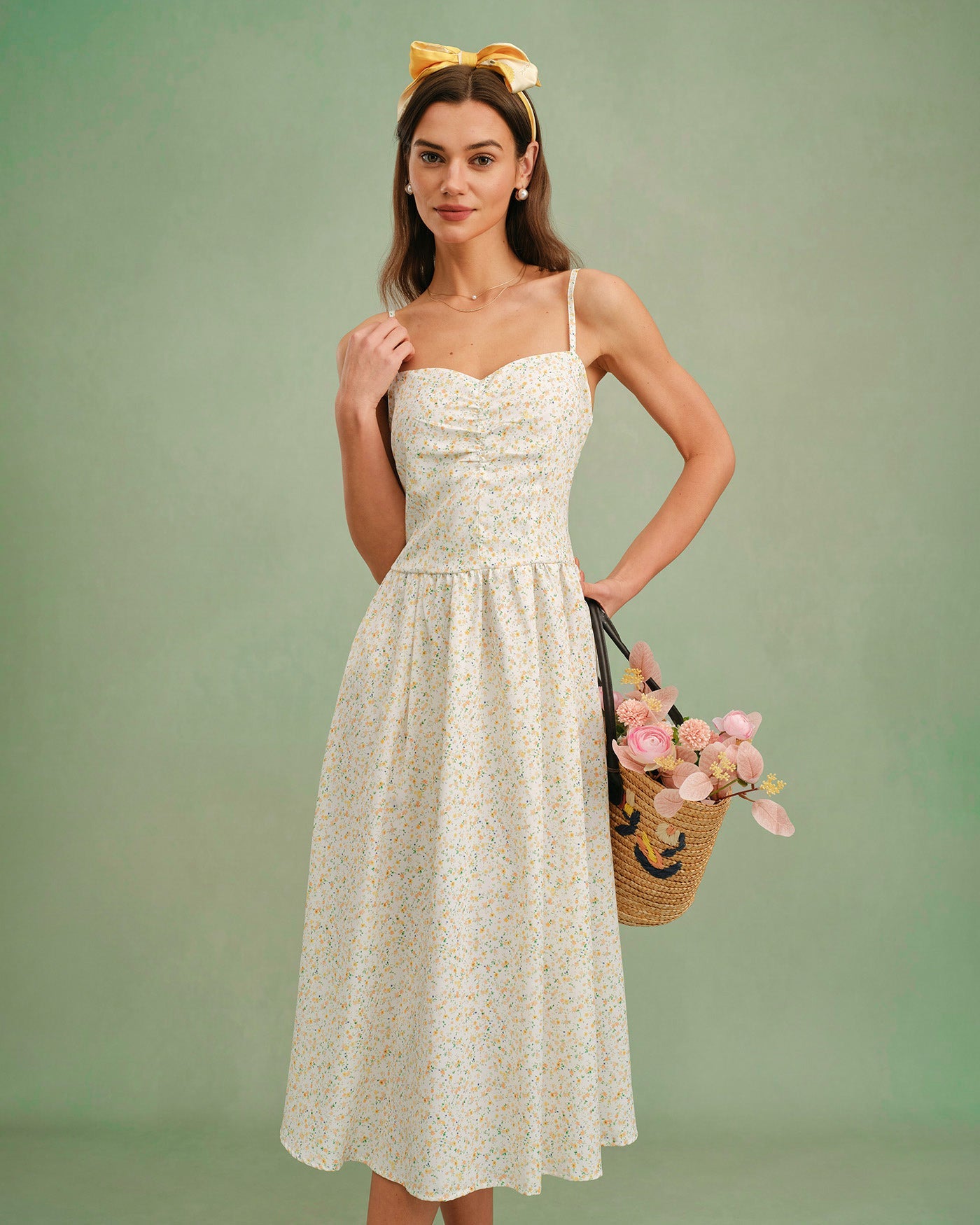 Vestido Midi Floral Sin Mangas con Escote Corazón Amarillo
