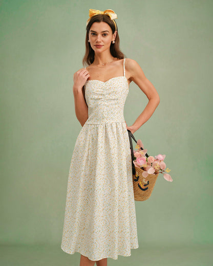 Vestido Midi Floral Sin Mangas con Escote Corazón Amarillo