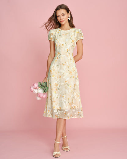 Vestido Midi Jacquard con Mangas Abullonadas Amarillo