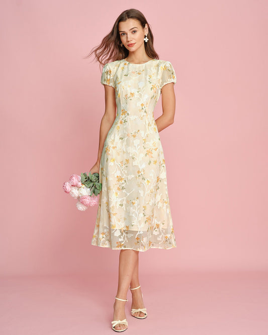 Vestido Midi Jacquard con Mangas Abullonadas Amarillo