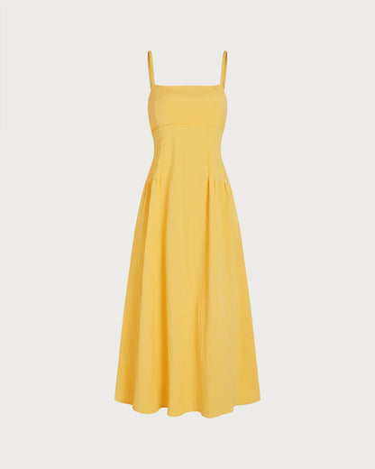 Vestido Midi A-Line Amarillo con Pliegues