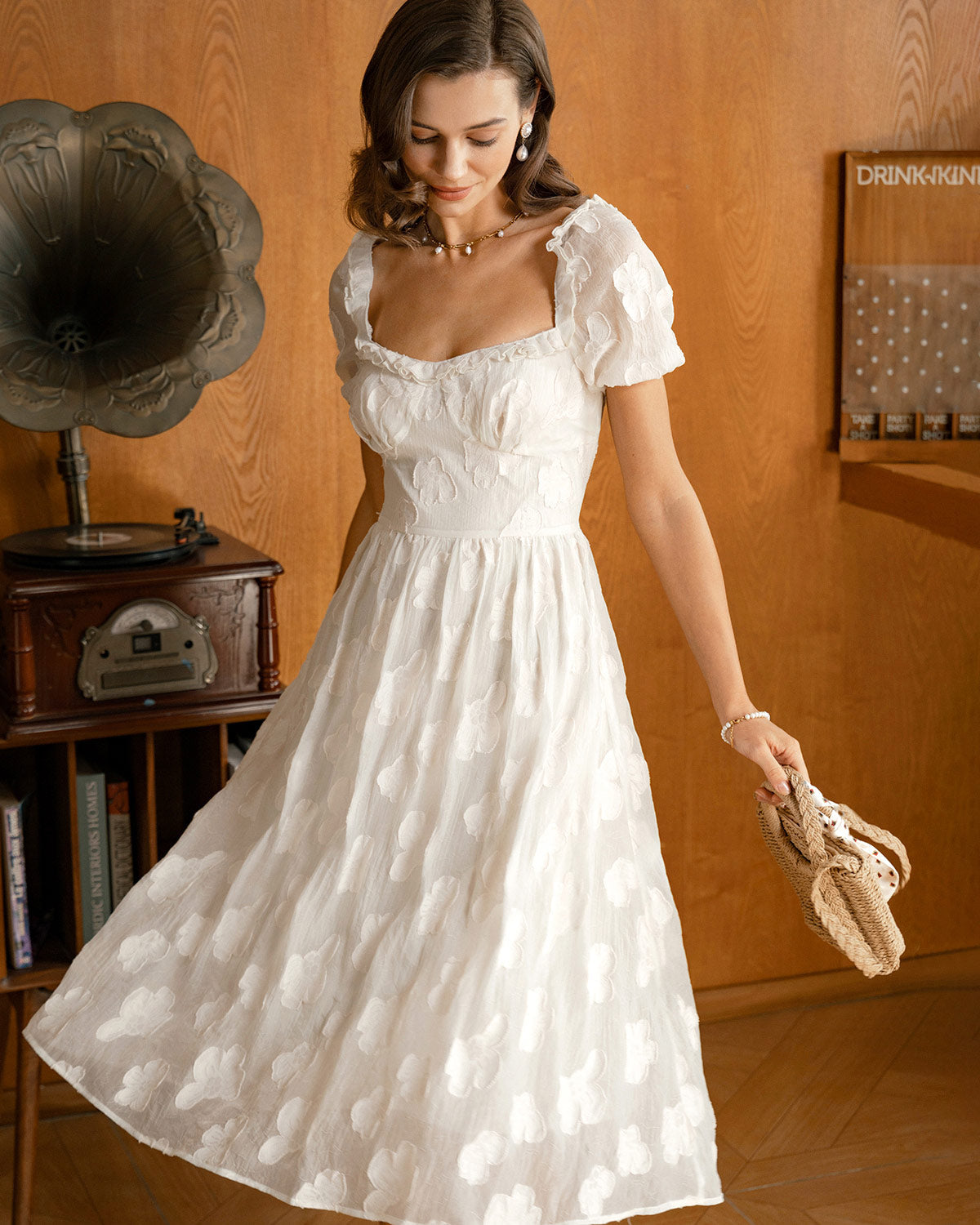 Vestido Midi de Manga Abullonada con Escote Cuadrado Beige