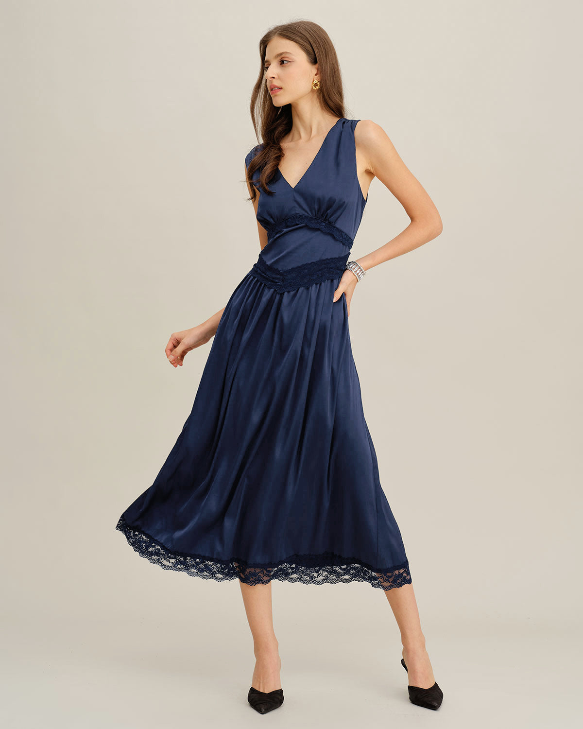 Vestido Midi Sin Mangas A-Line de Cuello en V Azul