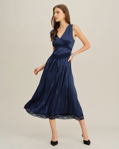 Vestido Midi Sin Mangas A-Line de Cuello en V Azul
