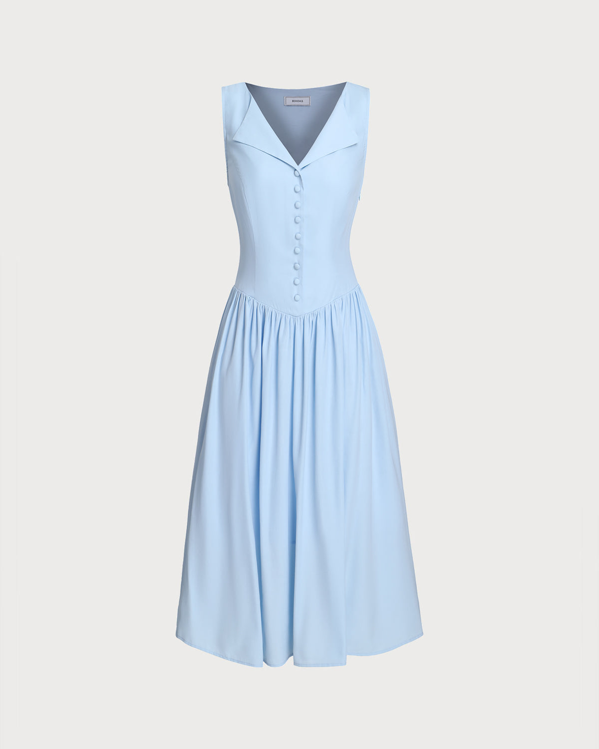 Vestido Midi Sin Mangas Botonero Azul con Escote en V
