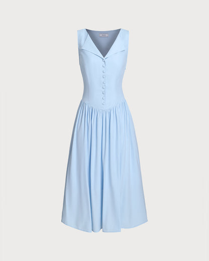 Vestido Midi Sin Mangas Botonero Azul con Escote en V