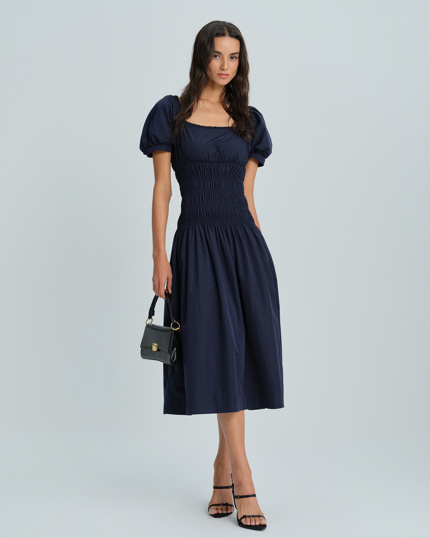Vestido Midi Con Mangas Abullonadas Azules