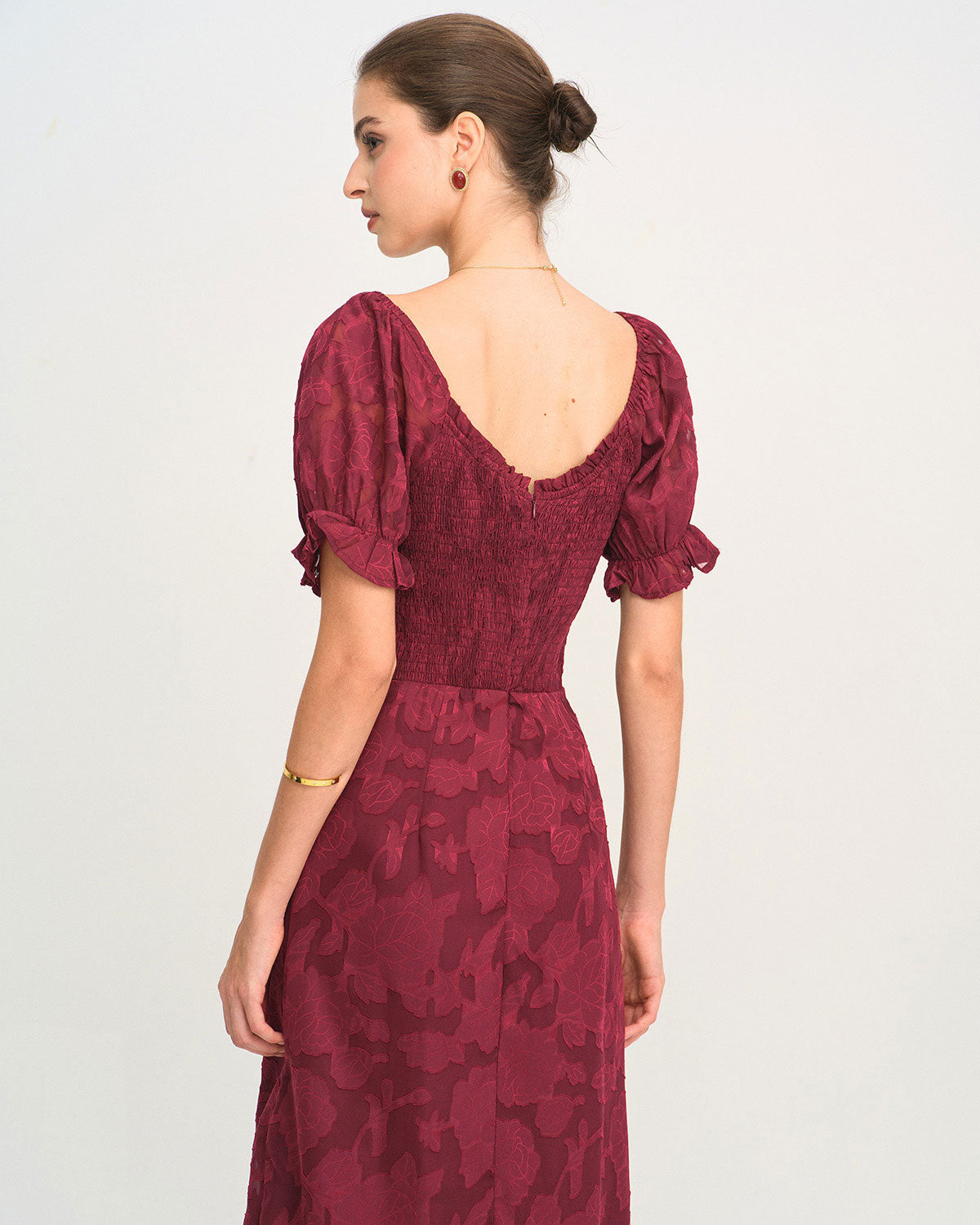 Vestido Midi Jacquard Rojo Vino con Abertura