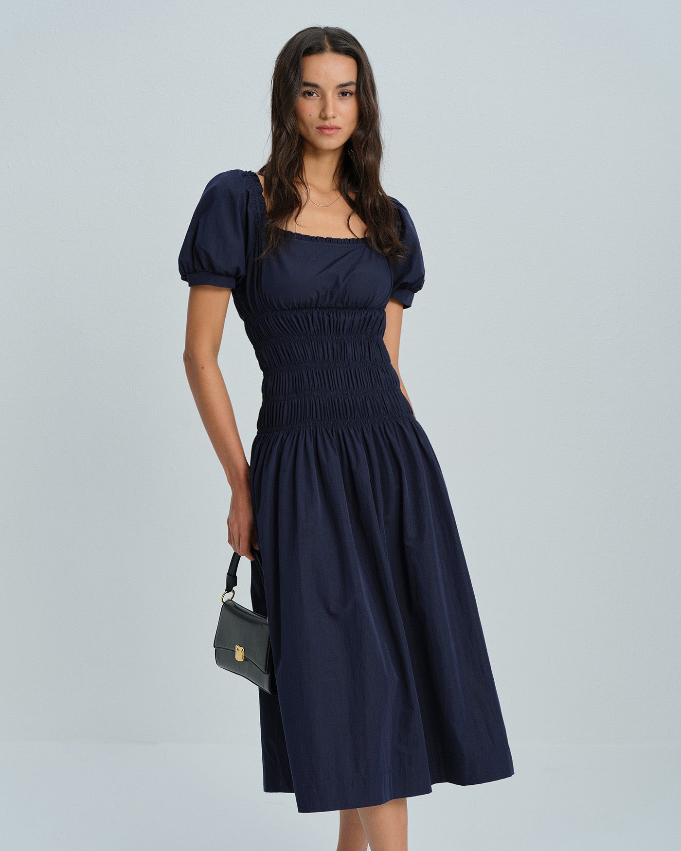 Vestido Midi Con Mangas Abullonadas Azules