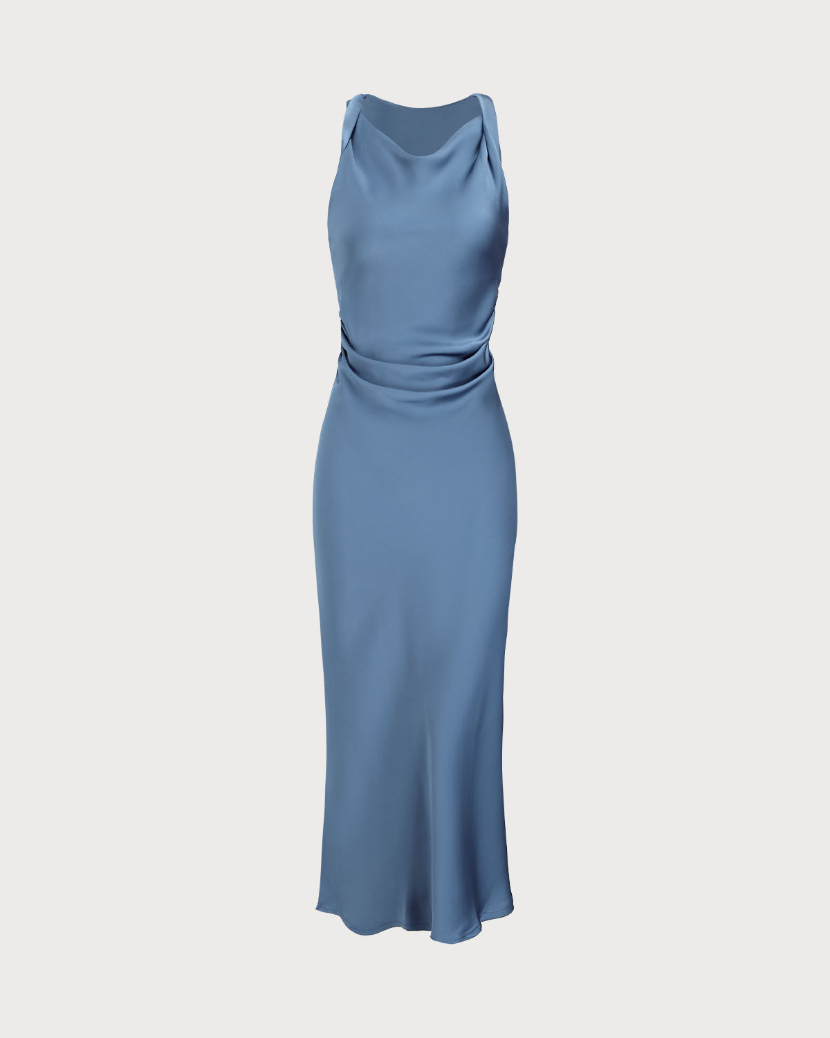 Vestido Midi de Satén Azul con Escote Barco
