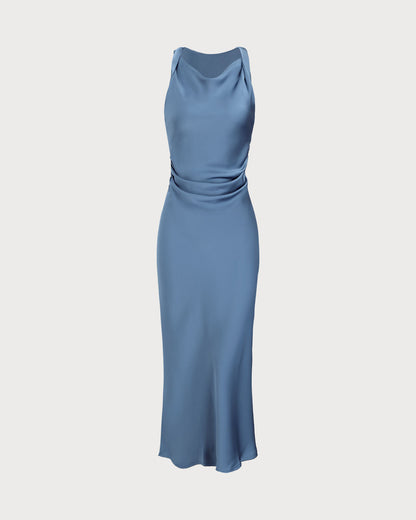 Vestido Midi de Satén Azul con Escote Barco