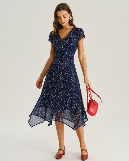 Vestido Midi de Manga Corta con Lunares en Color Marino