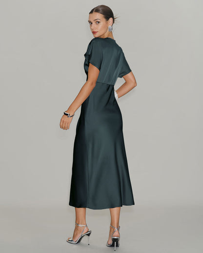 Vestido Midi de Satén Verde Gris con Mangas de Capucha