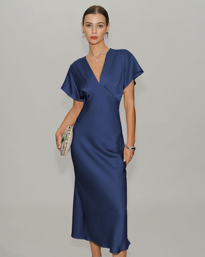 Vestido Midi de Satén con Mangas de Cowl