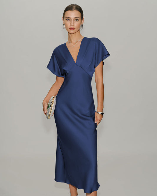 Vestido Midi de Satén con Mangas de Cowl