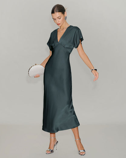 Vestido Midi de Satén Verde Gris con Mangas de Capucha