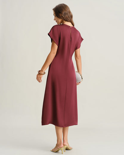 Vestido Midi A-Line de Satén Rojo con Mangas Cowl