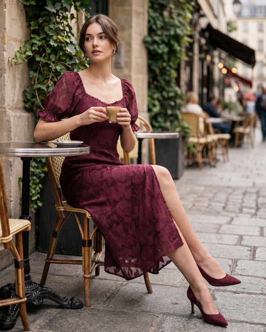 Vestido Midi Jacquard Rojo Vino con Abertura