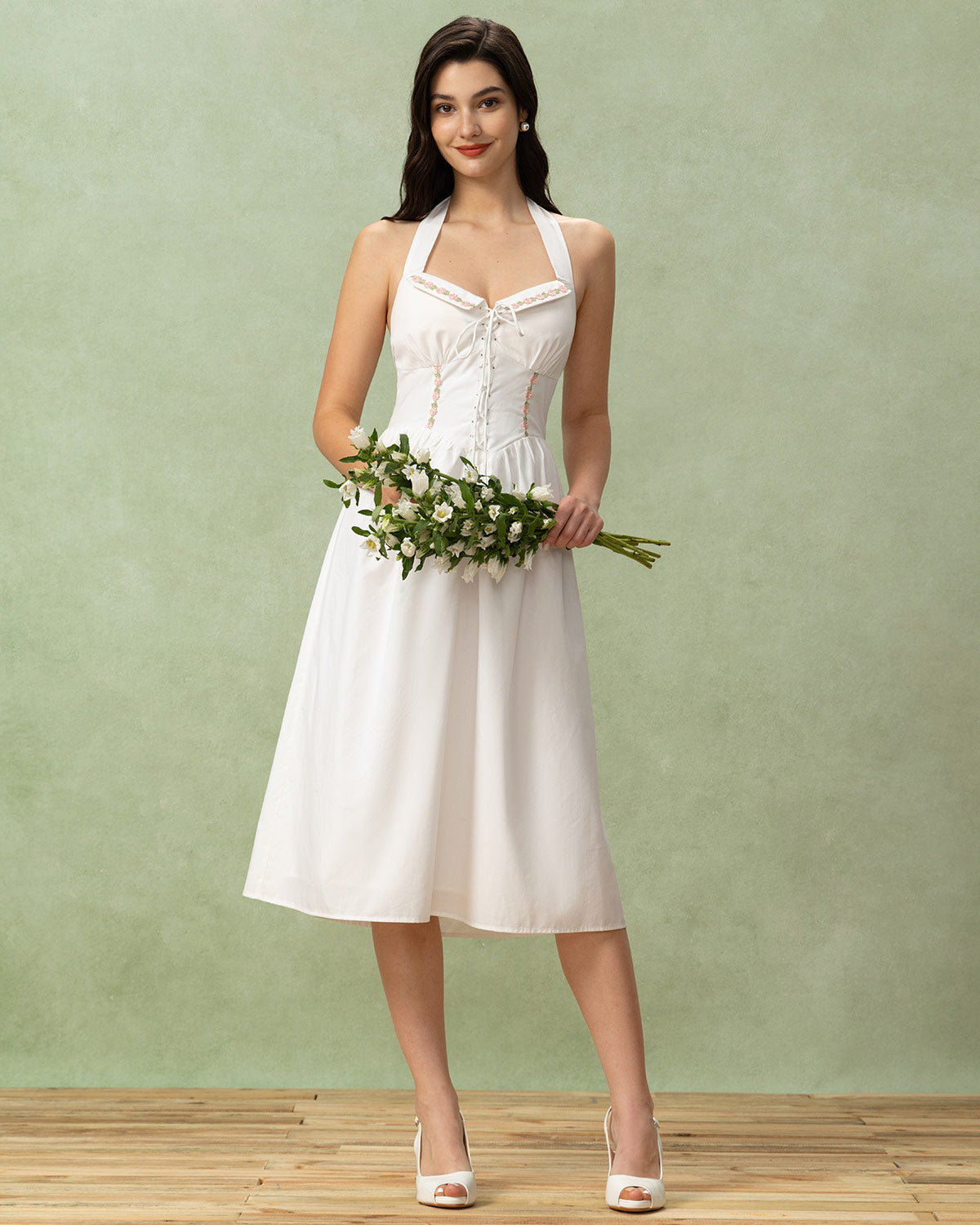 Vestido Midi Halter de Bordado Blanco