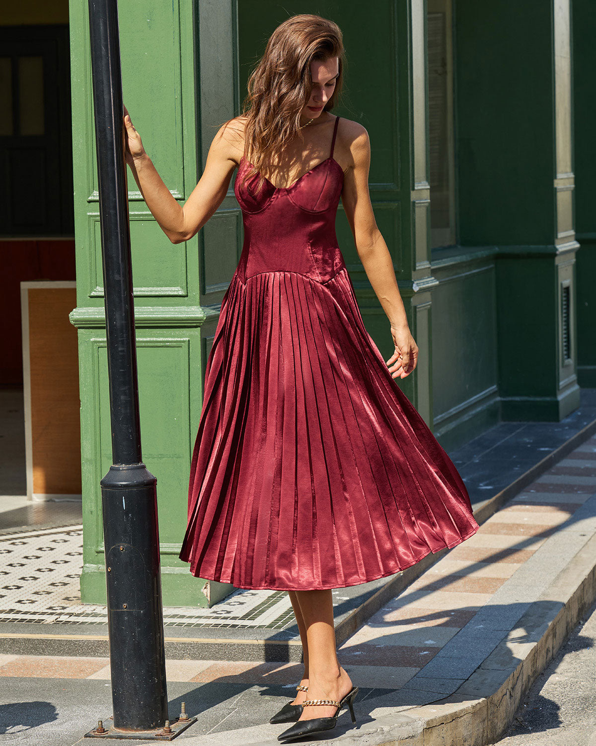 Vestido Midi Deslizante A-Line en Rojo Vino