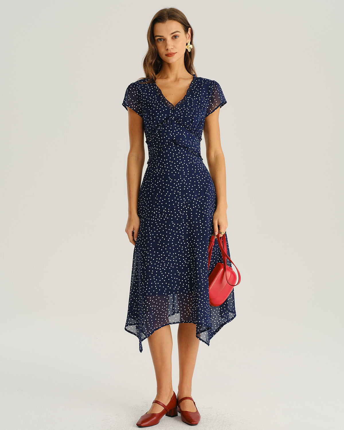 Vestido Midi de Manga Corta con Lunares en Color Marino