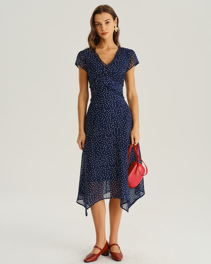Vestido Midi de Manga Corta con Lunares en Color Marino