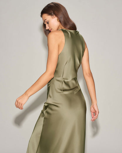 Vestido Midi Sin Mangas de Satén Verde