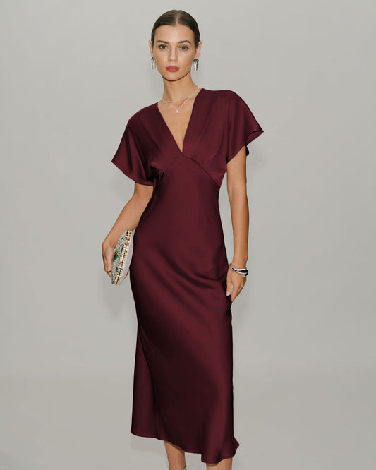 Vestido Midi de Satén Rojo Vino con Mangas de Cowl