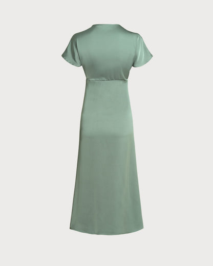 Vestido Midi A-Line Verde de Satén con Escote en V