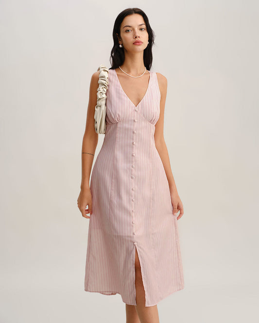 Vestido Midi Sin Mangas de Cuello en V a Rayas Rosadas