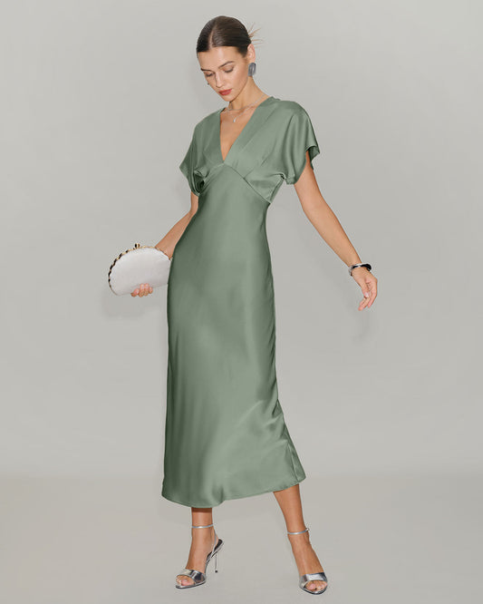 Vestido Midi A-Line Verde de Satén con Escote en V