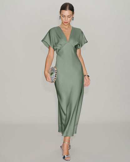 Vestido Midi A-Line Verde de Satén con Escote en V