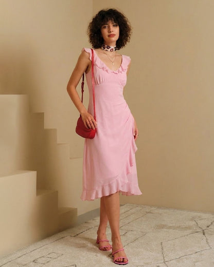 Vestido Midi Sin Mangas con Volantes y Escote en V Rosa