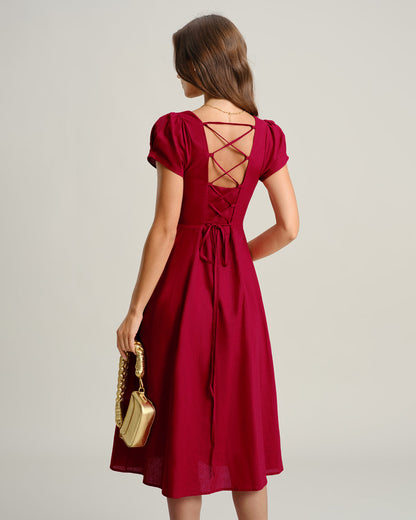 Vestido Midi A-Line de Cuello Cuadrado Color Vino