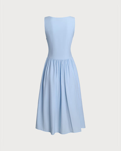 Vestido Midi Sin Mangas Botonero Azul con Escote en V