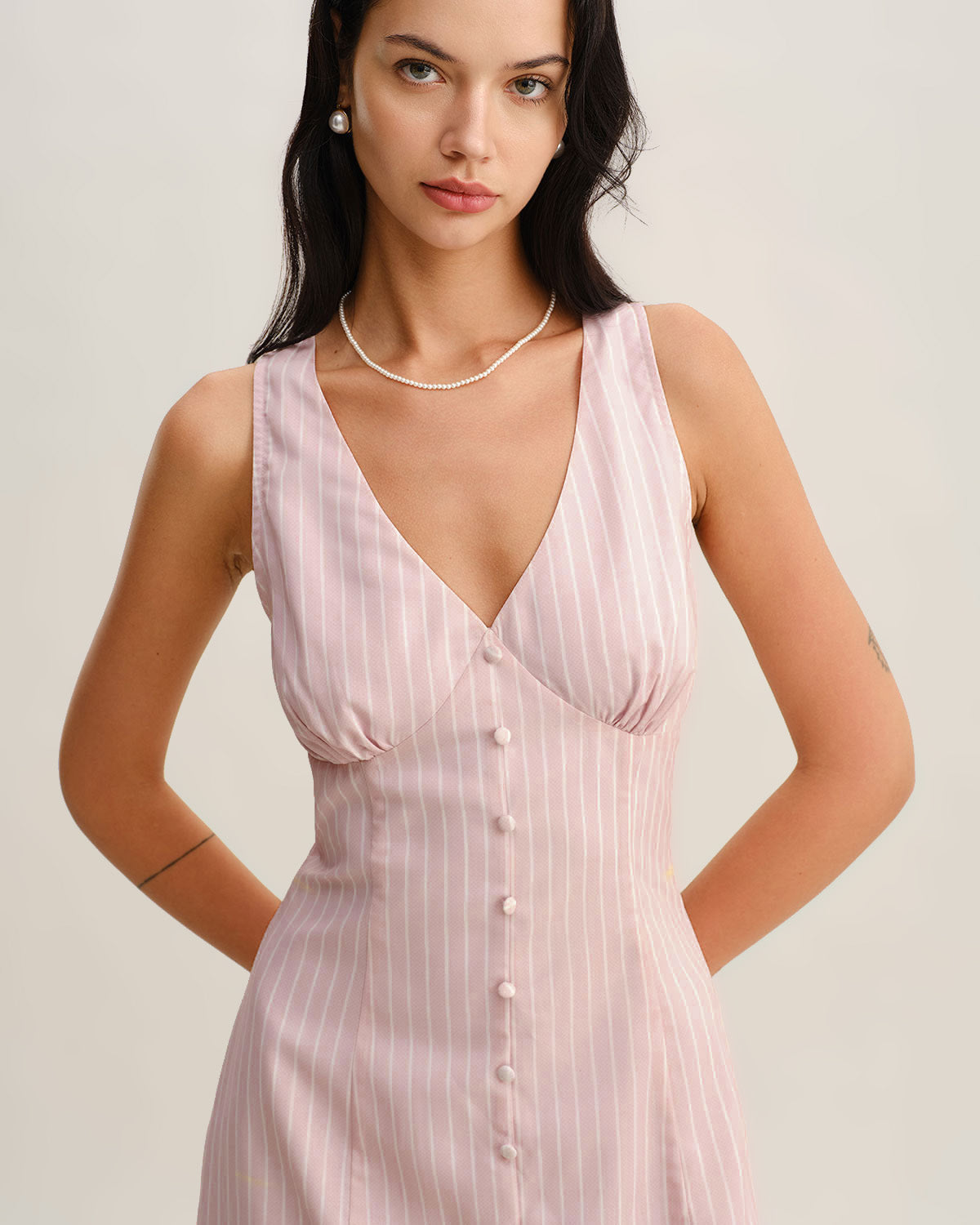 Vestido Midi Sin Mangas de Cuello en V a Rayas Rosadas