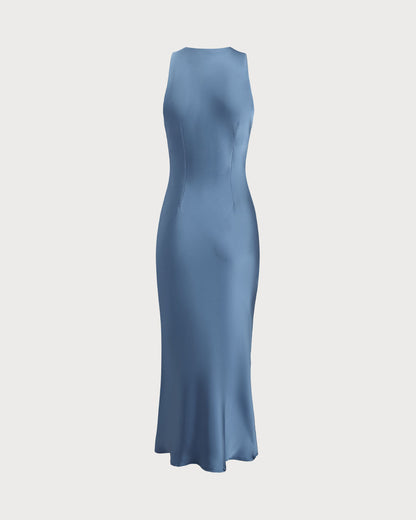 Vestido Midi de Satén Azul con Escote Barco