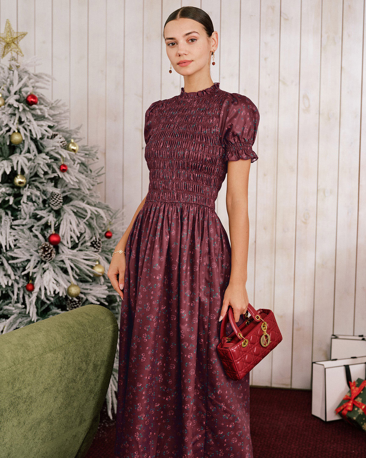 Vestido Midi de Manga Abullonada con Estampado Floral en Rojo Vino