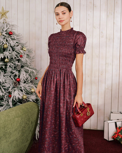 Vestido Midi de Manga Abullonada con Estampado Floral en Rojo Vino