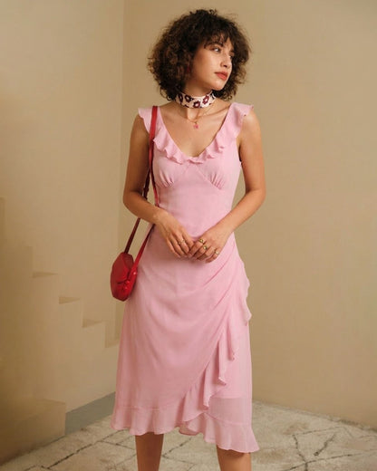Vestido Midi Sin Mangas con Volantes y Escote en V Rosa