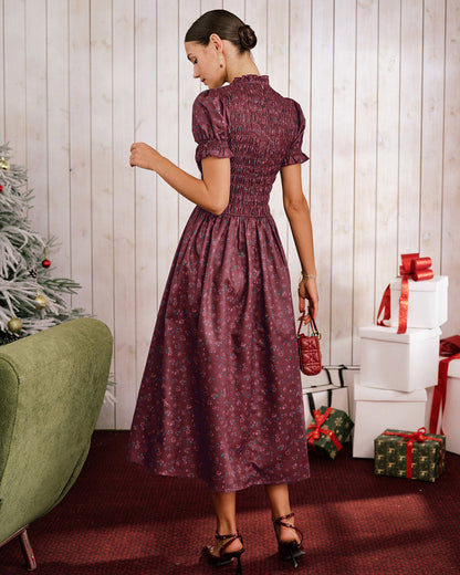 Vestido Midi de Manga Abullonada con Estampado Floral en Rojo Vino