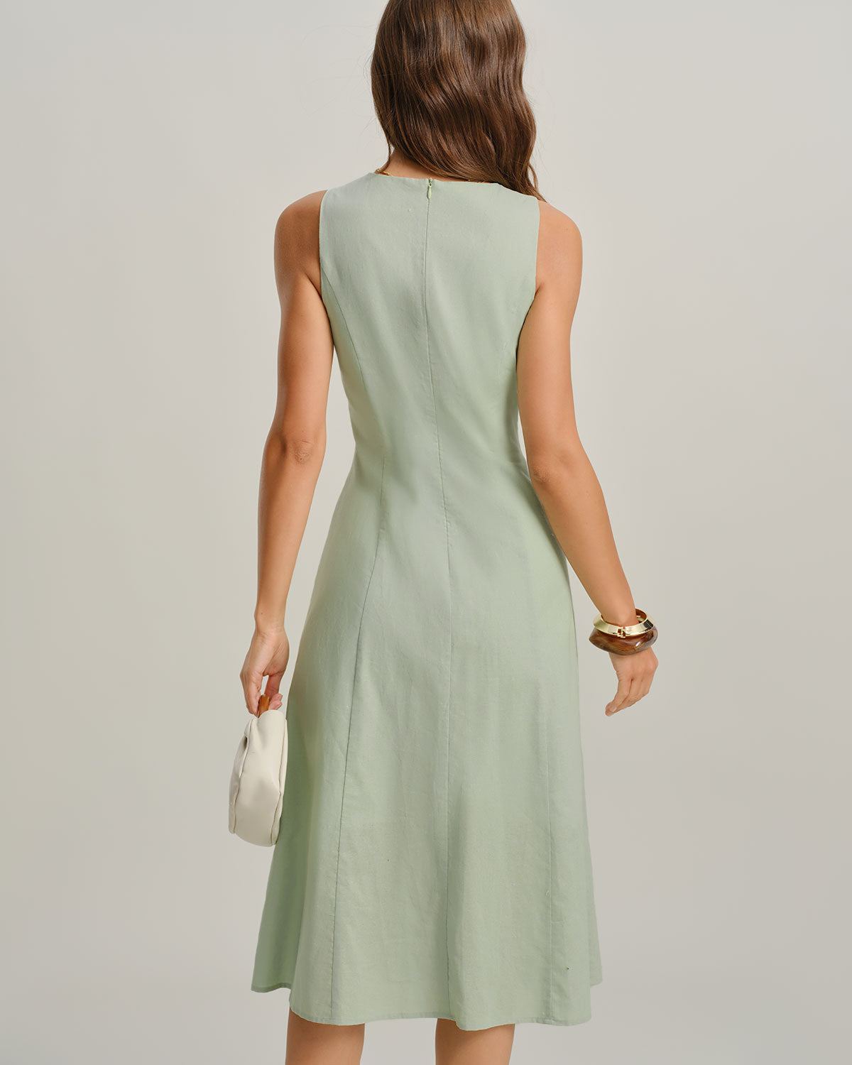 Vestido Midi Sin Mangas de Cuello Redondo Verde