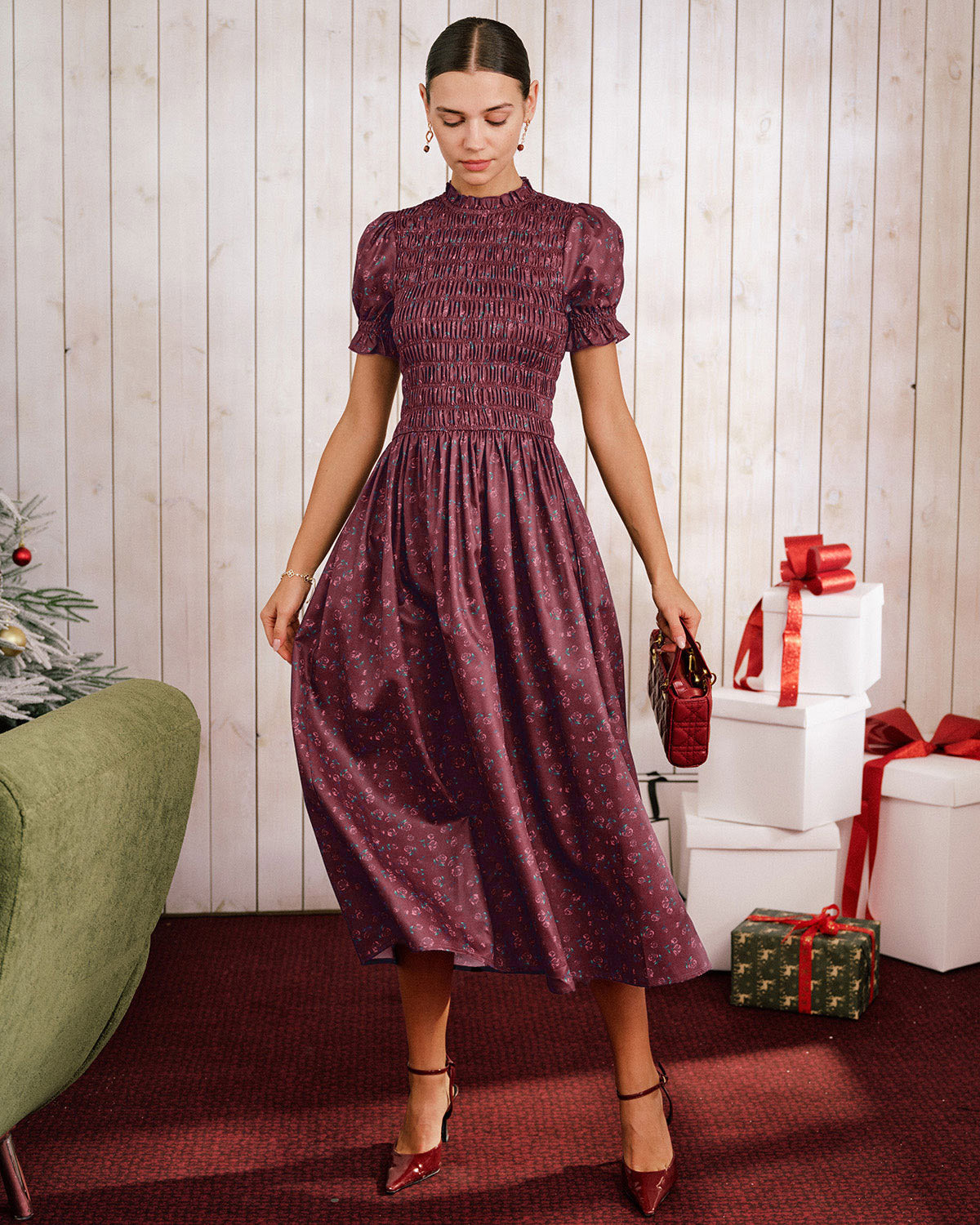 Vestido Midi de Manga Abullonada con Estampado Floral en Rojo Vino