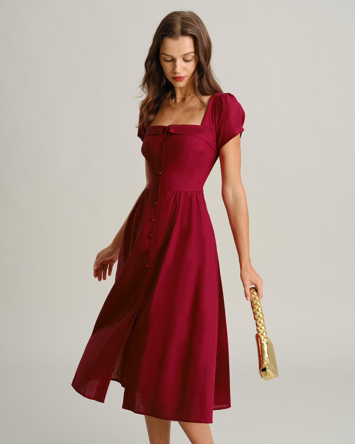 Vestido Midi A-Line de Cuello Cuadrado Color Vino