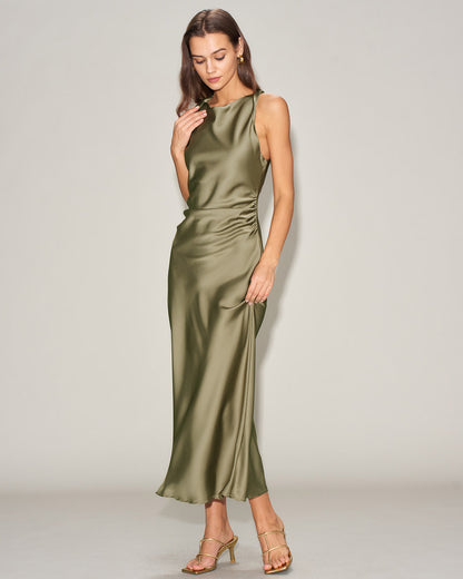 Vestido Midi Sin Mangas de Satén Verde