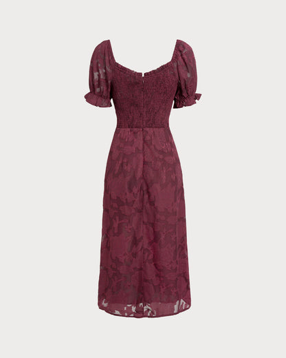 Vestido Midi Jacquard Rojo Vino con Abertura