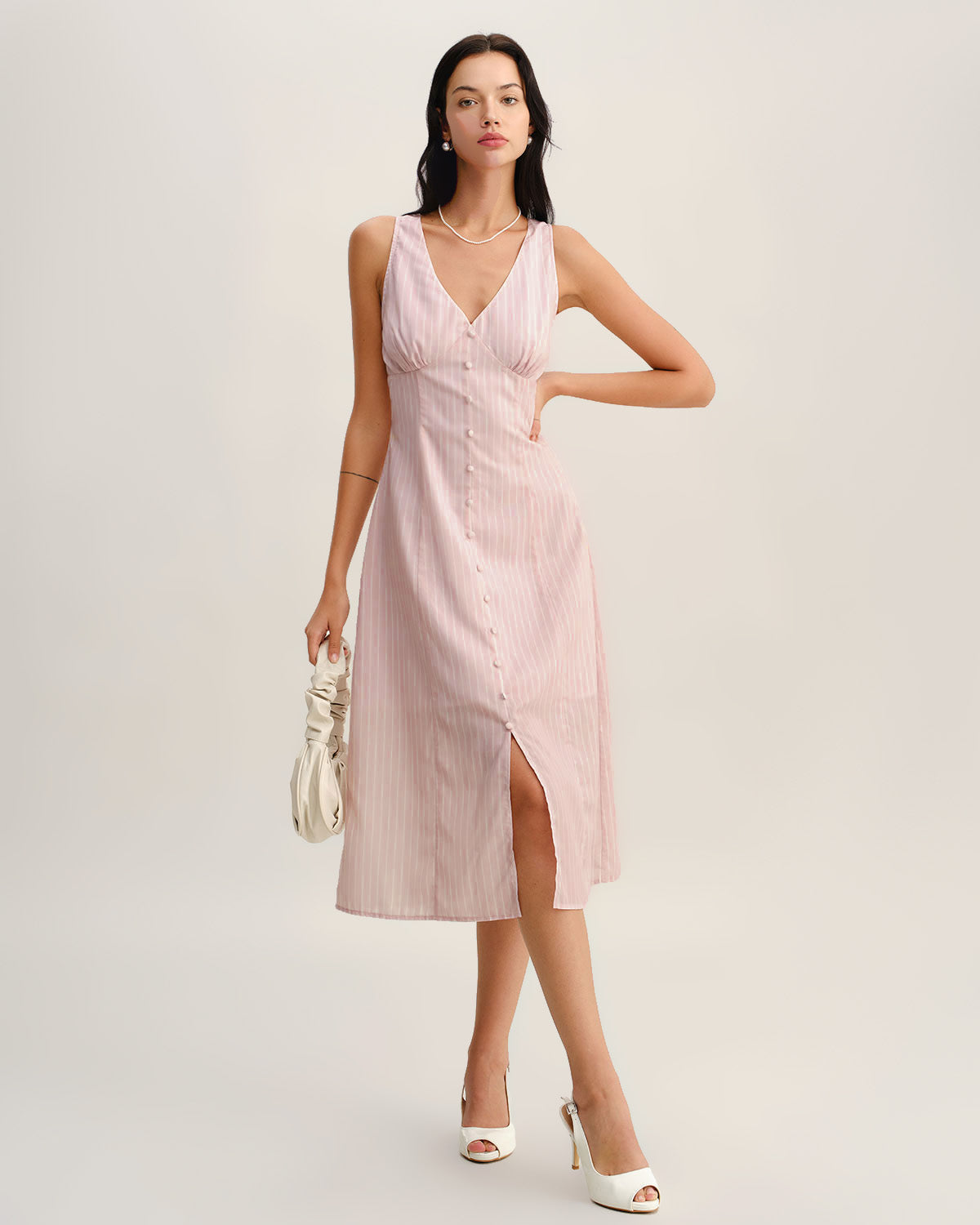 Vestido Midi Sin Mangas de Cuello en V a Rayas Rosadas