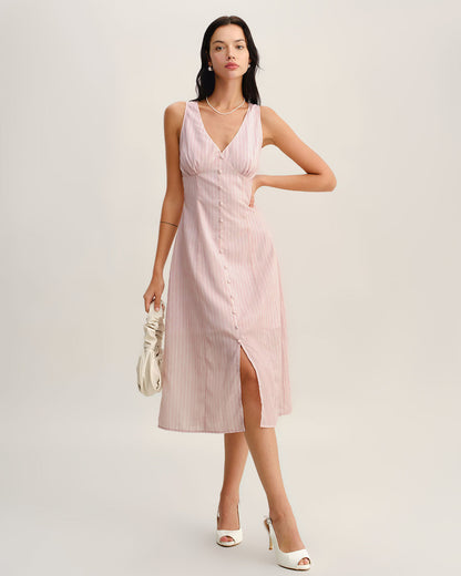 Vestido Midi Sin Mangas de Cuello en V a Rayas Rosadas