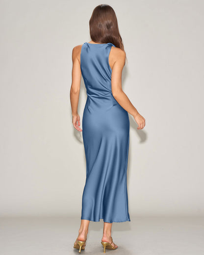 Vestido Midi de Satén Azul con Escote Barco